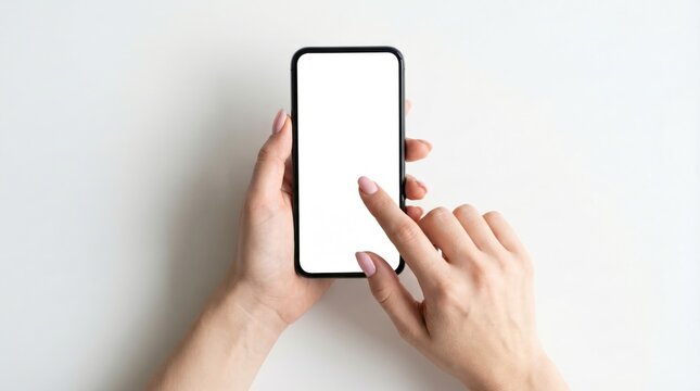 Female hands holding a modern black smartphone with blank white screen tapping the display on a bright white background under soft light