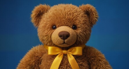 Fototapeta premium cute teddy bear with yellow ribbon on blue background studio shot.