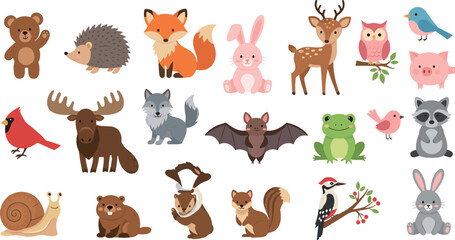 Cute woodland and forest animal illustration set with bear, fox, deer, moose, rabbit, birds, frog, bat, and friendly wildlife characters © MdNazmul