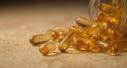 soft gel capsules spilling from bottle on textured surface.