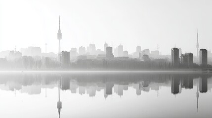 Fototapeta premium Black and white panoramic Belgrade Serbia skyline with misty background buildings and water reflection, dramatic cityscape architecture urban landmark travel destination poster concept