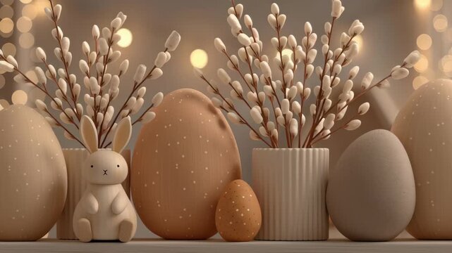 Easter festival eco friendly egg bunny decoration still life neutral pastel table scene ceramic eggs rabbit figurine vase pussy willow branch cozy spring home interior soft bokeh light