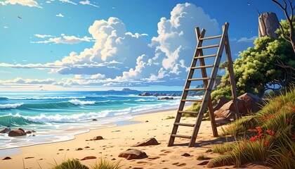 Sunny beach with turquoise waves, soft sand, and a ladder leaning against a grassy hill