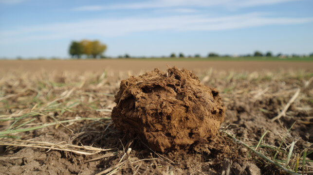 Cow manure in field as natural fertilizer for organic agriculture, fresh dung on farmland soil supporting sustainable farming, eco friendly nutrient recycling and rural livestock environment