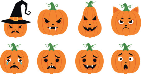 Naklejka premium Halloween pumpkin face illustration set with angry, sad, scary, and funny jack o lantern expressions for spooky autumn, party, and festive design projects