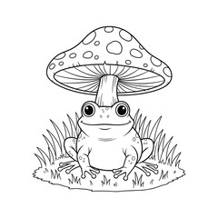 A frog sitting under a large mushroom in the grass Vector