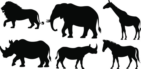 African wildlife animal silhouettes collection, lion elephant giraffe rhino zebra shapes, black safari mammal illustration set, isolated vector © Hey World