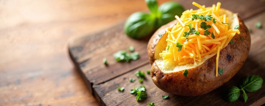Baked potato with shredded cheese and parsley garnish on wooden board. Close up view, warm appetizing texture. Simple comfort food, delicious homemade snack.