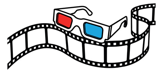 Line art illustration of 3D glasses and a film strip depicting cinema entertainment for movie promotion