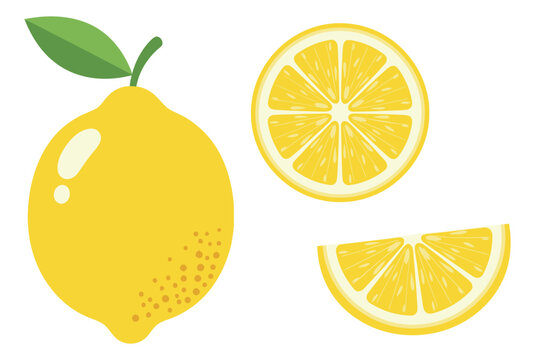 Flat design lemon fruit set featuring a whole lemon, a slice, and a wedge for food, beverage, or health-related designs