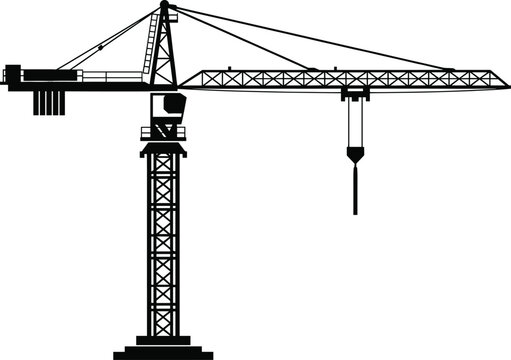 Tower crane silhouette illustration&mdash;detailed construction equipment with jib, counterweights, hook, and operator cabin, black vector industrial design