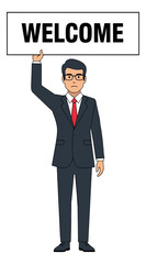 Line art illustration of a businessman depicting holding a welcome sign for business communication