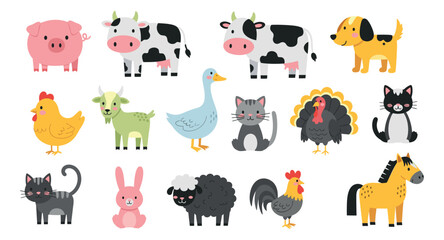 Obraz premium Cute cartoon farm animal set featuring a pig, cow, chicken, and other common animals for kids design