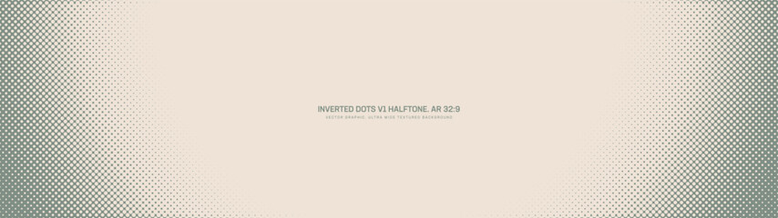 Obraz premium Inverted dots halftone retro styled graphic pattern rounded border ultra wide 32:9 aspect ratio vintage green vector abstract background. Half tone panoramic ultrawide format abstraction for projects