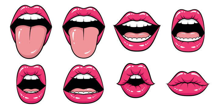 Pop art lips set featuring various open mouth expressions and a tongue sticking out for beauty and communication designs