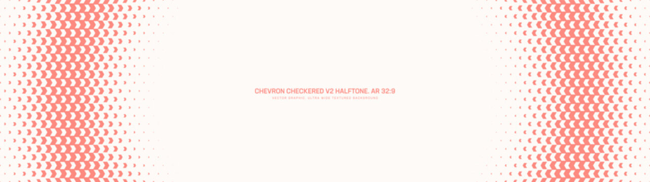 Checkered chevron halftone pattern round frame ultra wide 32:9 aspect ratio white red vector abstract background. Chequered crest half tone graphic design panoramic ultrawide format groovy abstraction