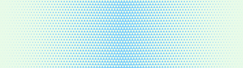 Checkered blue triangles grid halftone pattern faded border ultra wide 32:9 aspect ratio vector light abstract backdrop. Half tone chequered structure panoramic ultrawide format futuristic abstraction