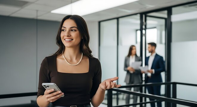 Young professional woman using smartphone in modern office corridor with colleagues in background smiling and walking towards camera