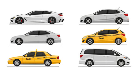 Assorted car illustrations sedan hatchback and taxi vehicle designs