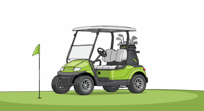 Lime green golf cart with white roof and seats parked beside a flag on a golf course with a white background.
