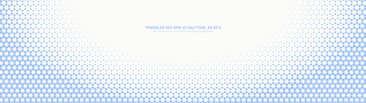 Triangles hexagonal grid halftone pattern semi circle faded frame ultra wide 32:9 aspect ratio white blue vector abstract background. Half tone mod graphic panoramic ultrawide format light abstraction