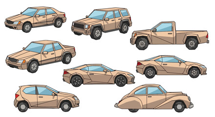 Collection of beige cartoon cars in various styles isolated on white background