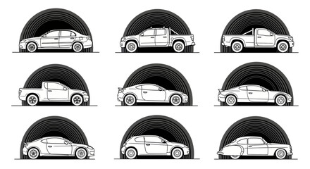 Collection of car silhouettes sedan pickup truck coupe and hatchback designs