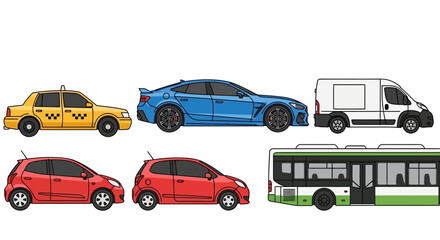 Collection of cartoon vehicles taxi car bus and van illustrations