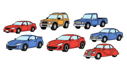 Collection of cartoon vehicles sedan suv truck coupe classic cars