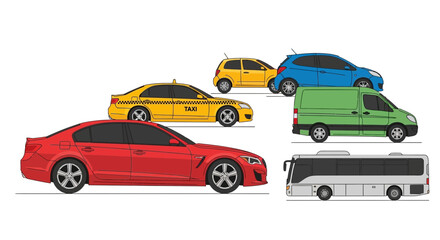 Collection of colorful car illustrations isolated on white background for various concepts
