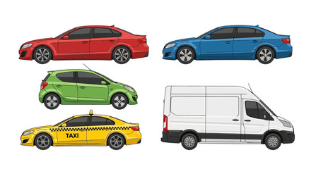 Collection of colorful cars red sedan blue vehicle green hatchback yellow taxi white van