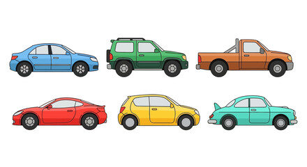 Collection of colorful cartoon cars isolated on white background