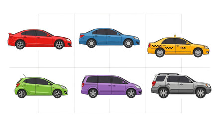 Collection of colorful vector car illustrations for transportation designs