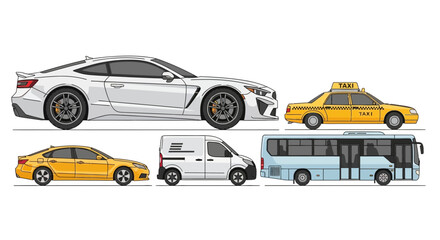 Collection of modern transport vehicles cars taxi van and bus silhouettes