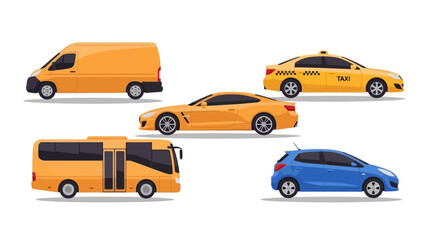 Collection of modern transport vehicles isolated on white background