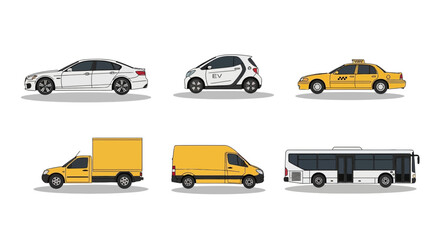 Collection of modern vehicle illustrations on a white background side view