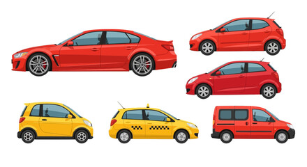 Collection of red and yellow cars in various styles on white background