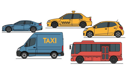 Collection of stylized transportation vehicles in various colors vector illustration