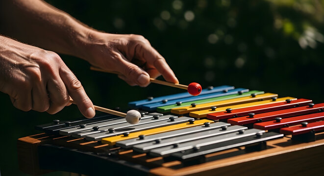 Close-up of hands playing colorful vibraphone with mallets in an outdoor setting for musical performance or jazz band scene