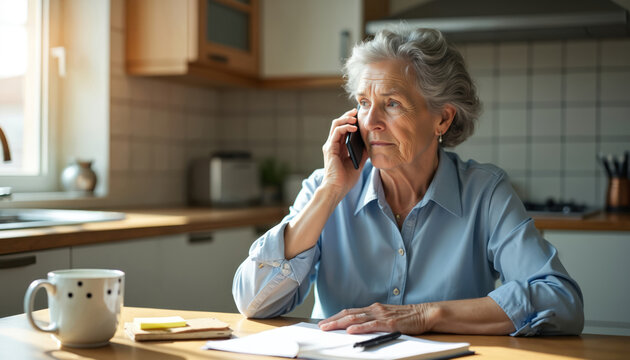 Elderly woman speaks on phone in kitchen near window. She looks serious and concerned about paperwork on table. Possible fraud risk or family issue.