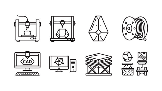3D Printing Icons Set: CAD, Printer, Filament, Objects, Desktop Setup