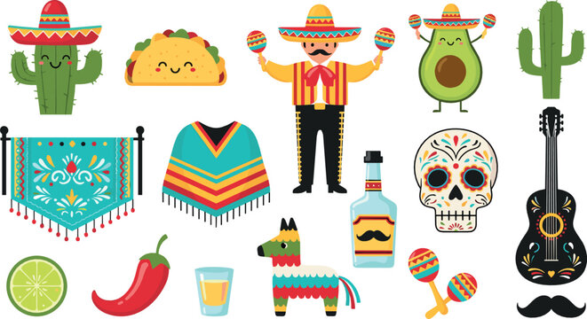 Mexican culture illustration set with mariachi musician, tacos, cactus, skull, guitar, avocado, poncho, tequila, and colorful festive elements for Cinco de Mayo designs