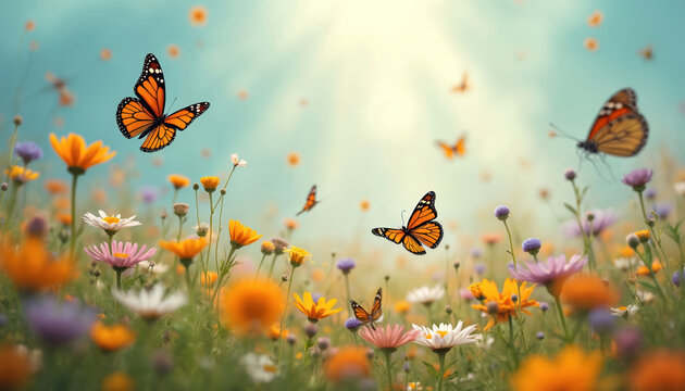 Monarch butterflies fly over diverse blooming wildflowers in meadow during sunny daytime. Insects gather nectar from colorful plants creating natural scenic beauty.