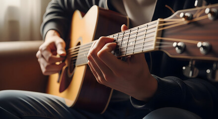 Fototapeta premium Close-up of person playing acoustic guitar in cozy indoor setting with natural light creating warm inviting atmosphere for music lovers and musicians