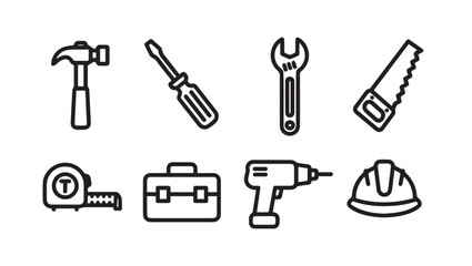 Fototapeta premium Collection of Hand Tools and Safety Gear Icons on White Background