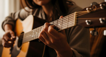 Fototapeta premium Close-up of a person playing an acoustic guitar in a cozy indoor setting with warm lighting and a blurred background for a musical and artistic vibe