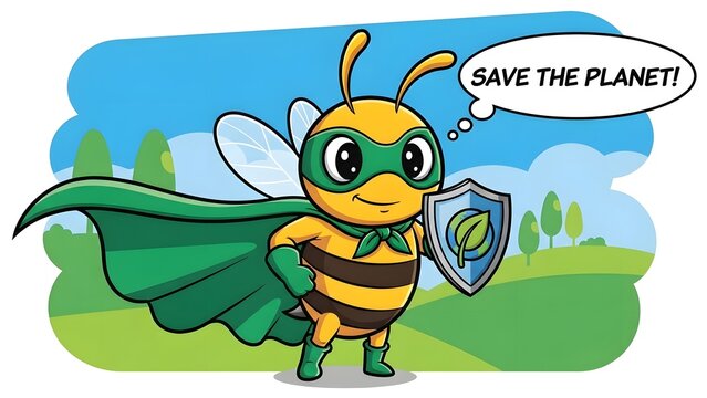A cartoon bee superhero standing proudly on green grass holding a shield with a leaf symbol and thinking save the planet