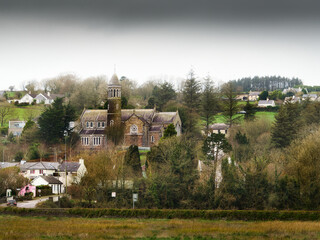 Stone church bell tower and village homes peeking through bare trees on a cloudy winter day in rural Ireland.