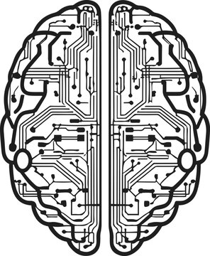 Black and white vector illustration of artificial intelligence brain made of circuit lines, symmetrical design, sharp clean line art, flat style, isolated on white background, no shading 1