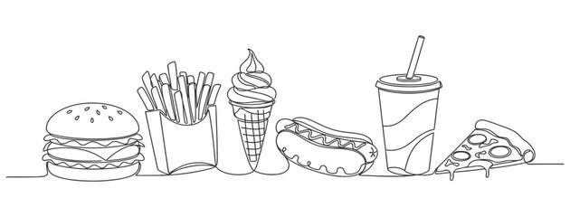 Continuous Line Drawing of Fast Food Meal. line icon-continuous line drawing. French fries in continuous line art drawing style. Fried potato stick